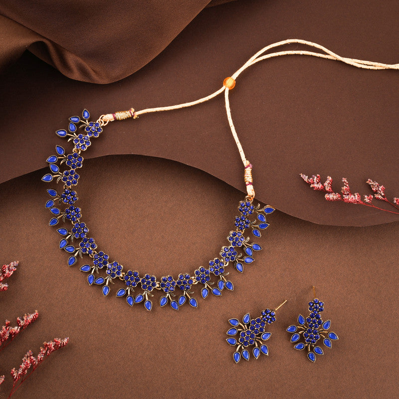 Tehzeeb Creations Royal Blue Pack of 1 Gold-Polished Choker Necklace Set With Earring For Women & Girls