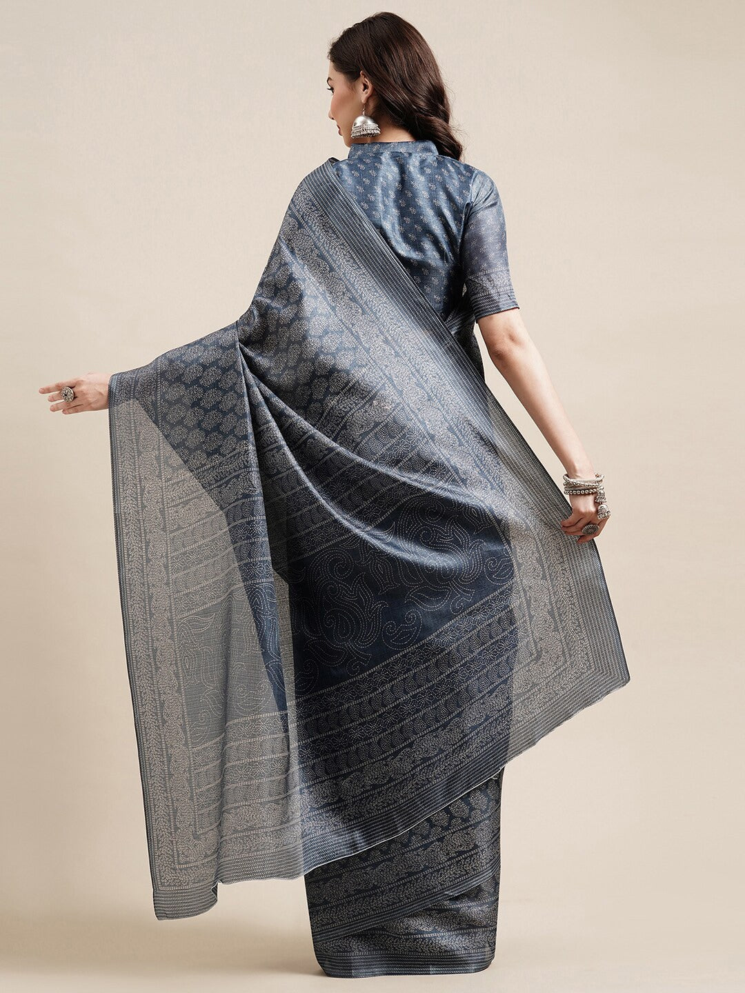 Saree Mall Grey & White Floral Art Silk Sarees