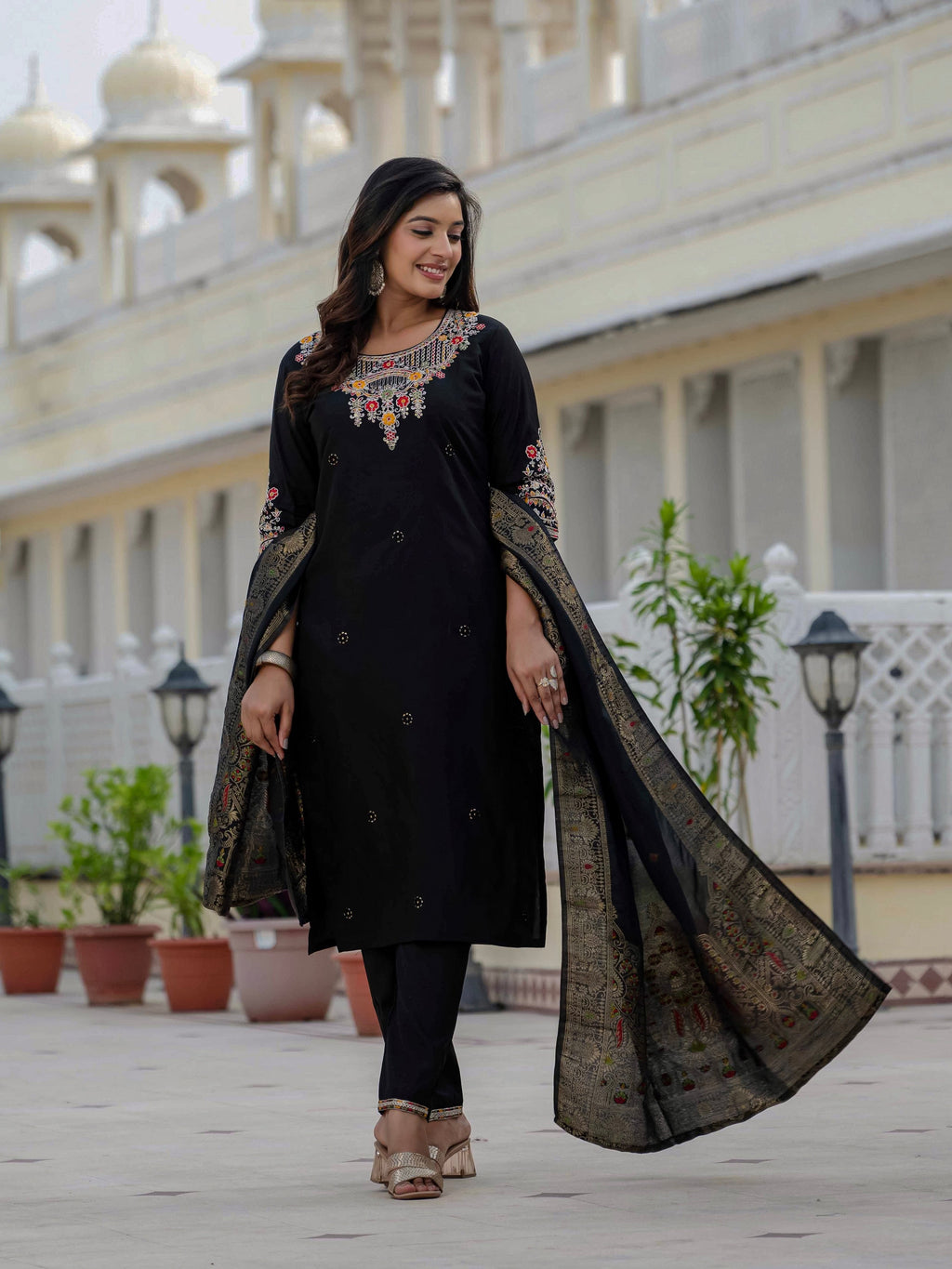 Vedant Vastram Roman Silk Embroidery & Sequence Work Stitched Kurta Pant Dupatta Set-Black - Distacart