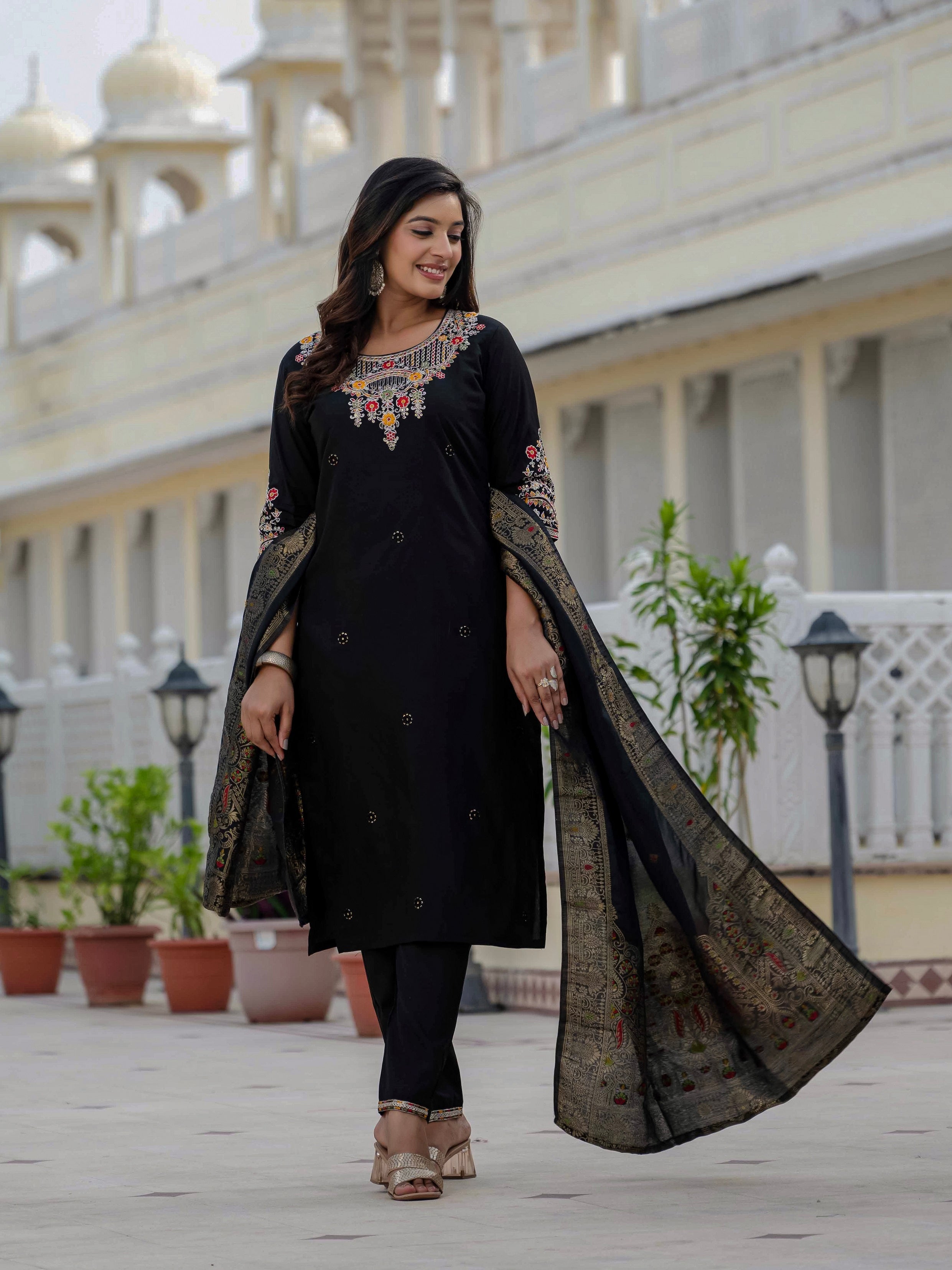 Vedant Vastram Roman Silk Embroidery & Sequence Work Stitched Kurta Pant Dupatta Set-Black - Distacart