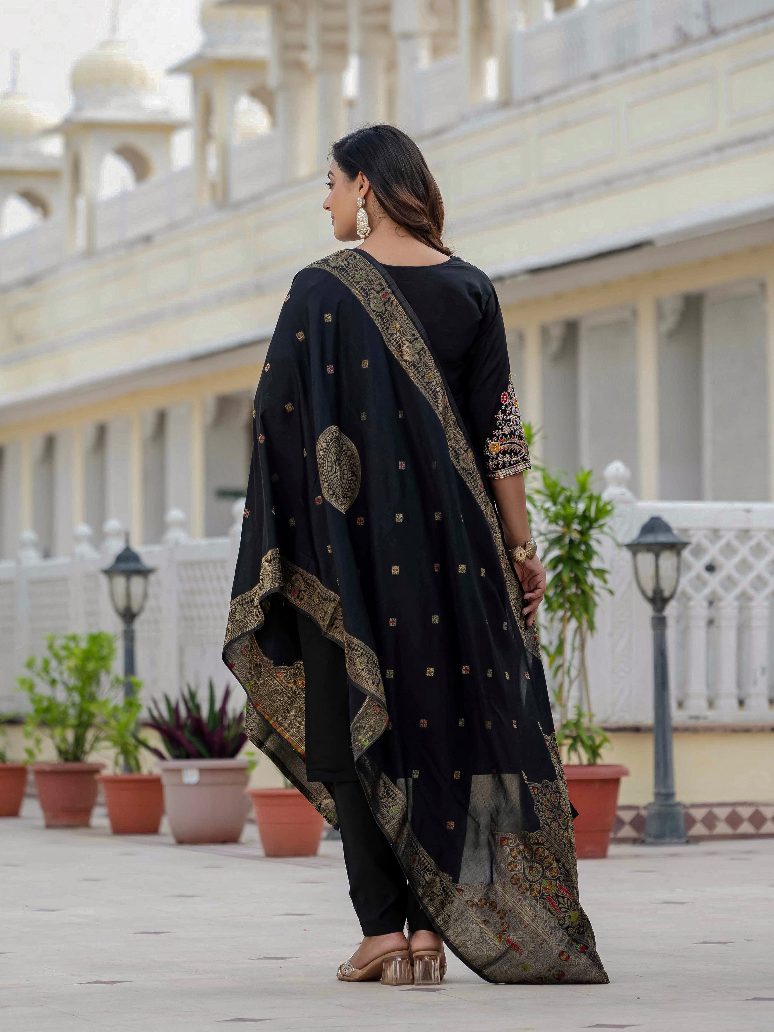 Vedant Vastram Roman Silk Embroidery & Sequence Work Stitched Kurta Pant Dupatta Set-Black - Distacart
