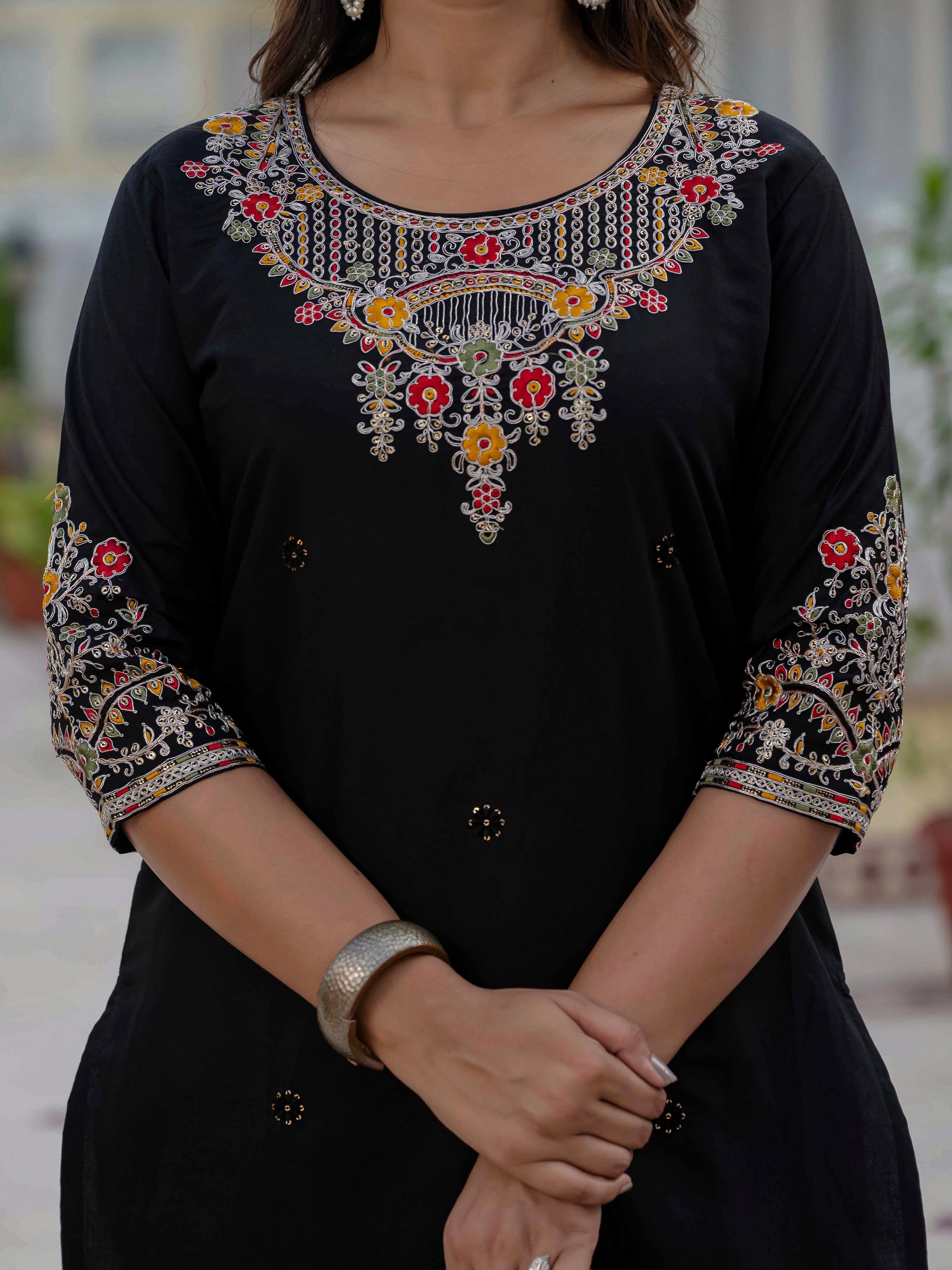 Vedant Vastram Roman Silk Embroidery & Sequence Work Stitched Kurta Pant Dupatta Set-Black - Distacart