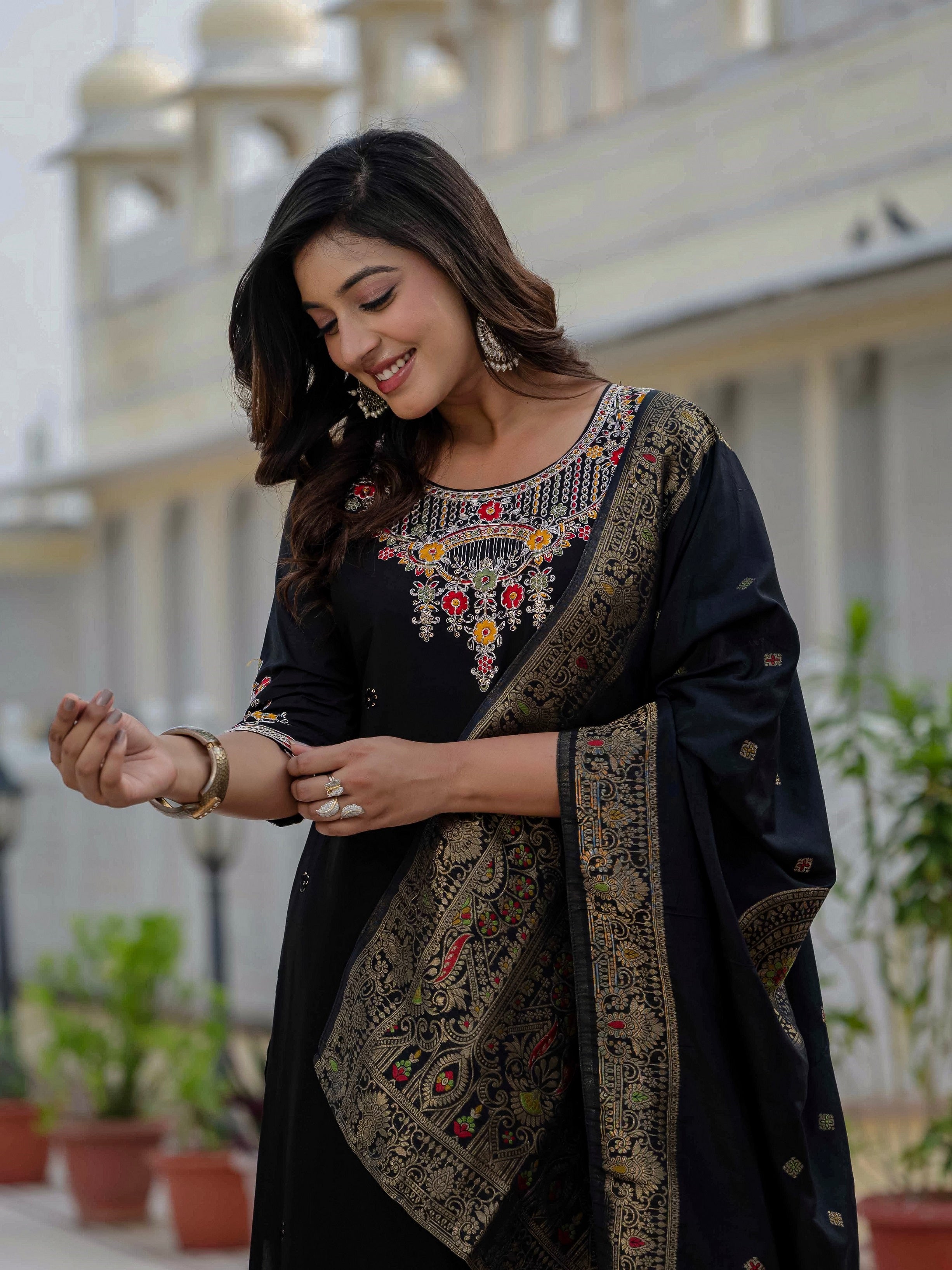 Vedant Vastram Roman Silk Embroidery & Sequence Work Stitched Kurta Pant Dupatta Set-Black - Distacart