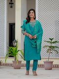 Vedant Vastram Roman Silk Embroidery & Sequence Work Stitched Kurta Pant Dupatta Set-Firozi - Distacart