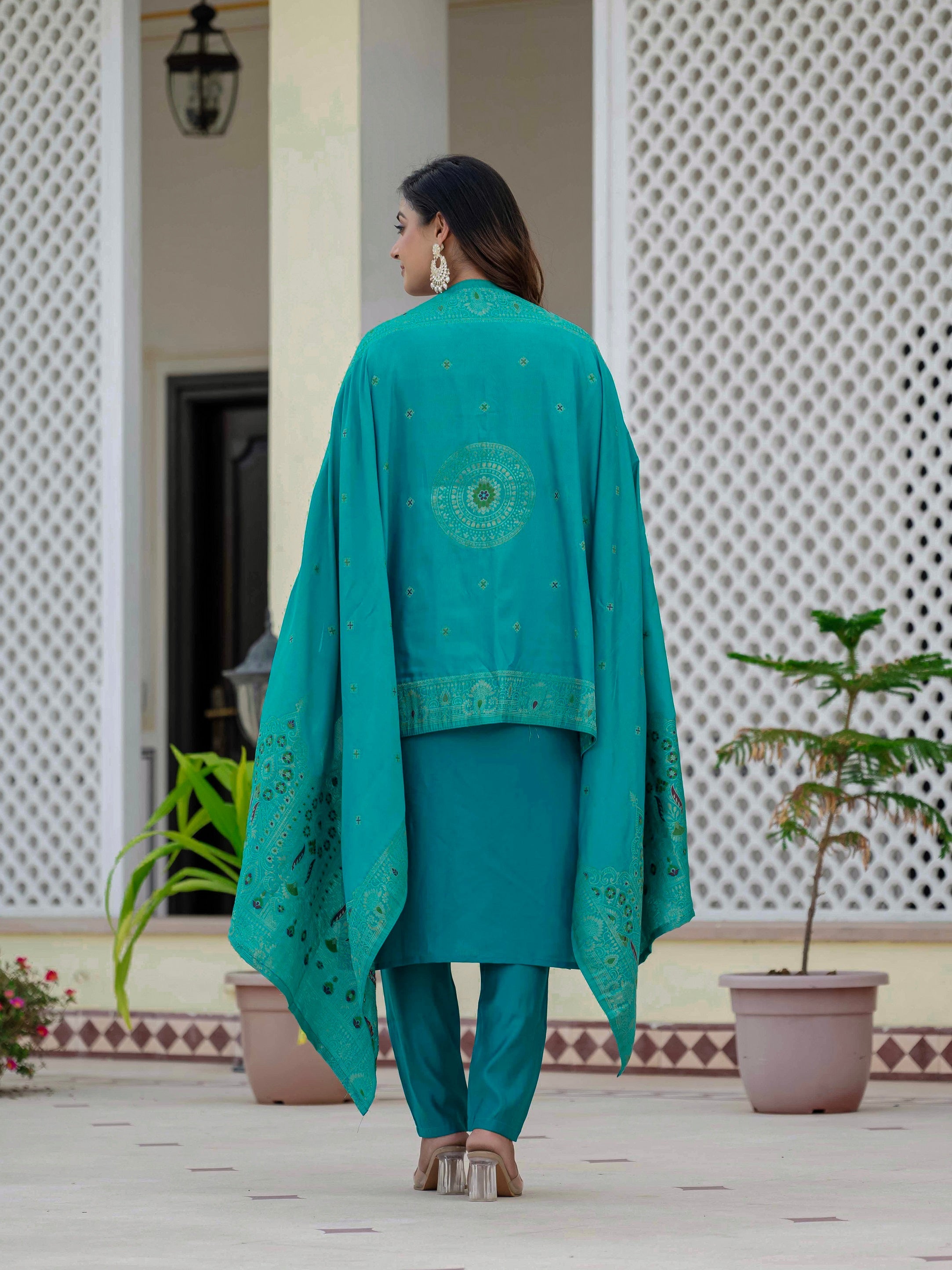 Vedant Vastram Roman Silk Embroidery & Sequence Work Stitched Kurta Pant Dupatta Set-Firozi - Distacart