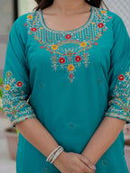 Vedant Vastram Roman Silk Embroidery & Sequence Work Stitched Kurta Pant Dupatta Set-Firozi - Distacart