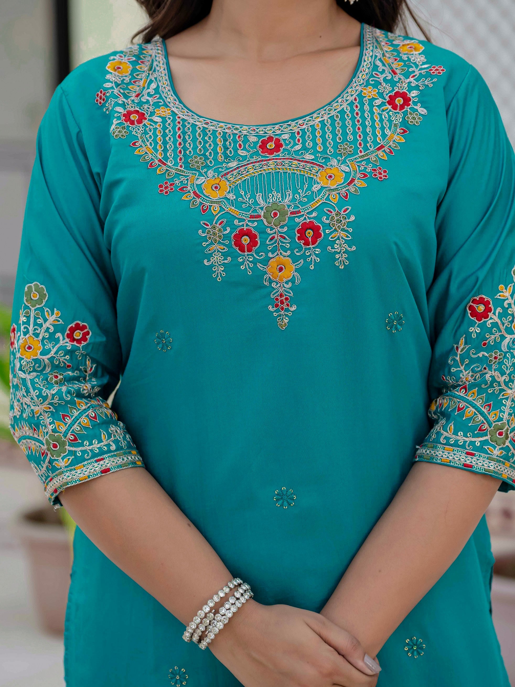 Vedant Vastram Roman Silk Embroidery & Sequence Work Stitched Kurta Pant Dupatta Set-Firozi - Distacart