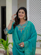 Vedant Vastram Roman Silk Embroidery & Sequence Work Stitched Kurta Pant Dupatta Set-Firozi - Distacart
