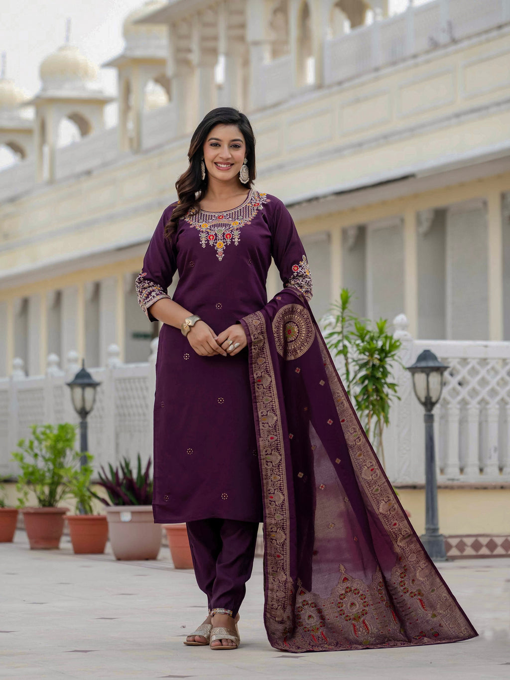 Vedant Vastram Roman Silk Embroidery & Sequence Work Stitched Kurta Pant Dupatta Set-Wine - Distacart
