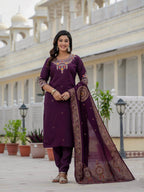 Vedant Vastram Roman Silk Embroidery & Sequence Work Stitched Kurta Pant Dupatta Set-Wine - Distacart