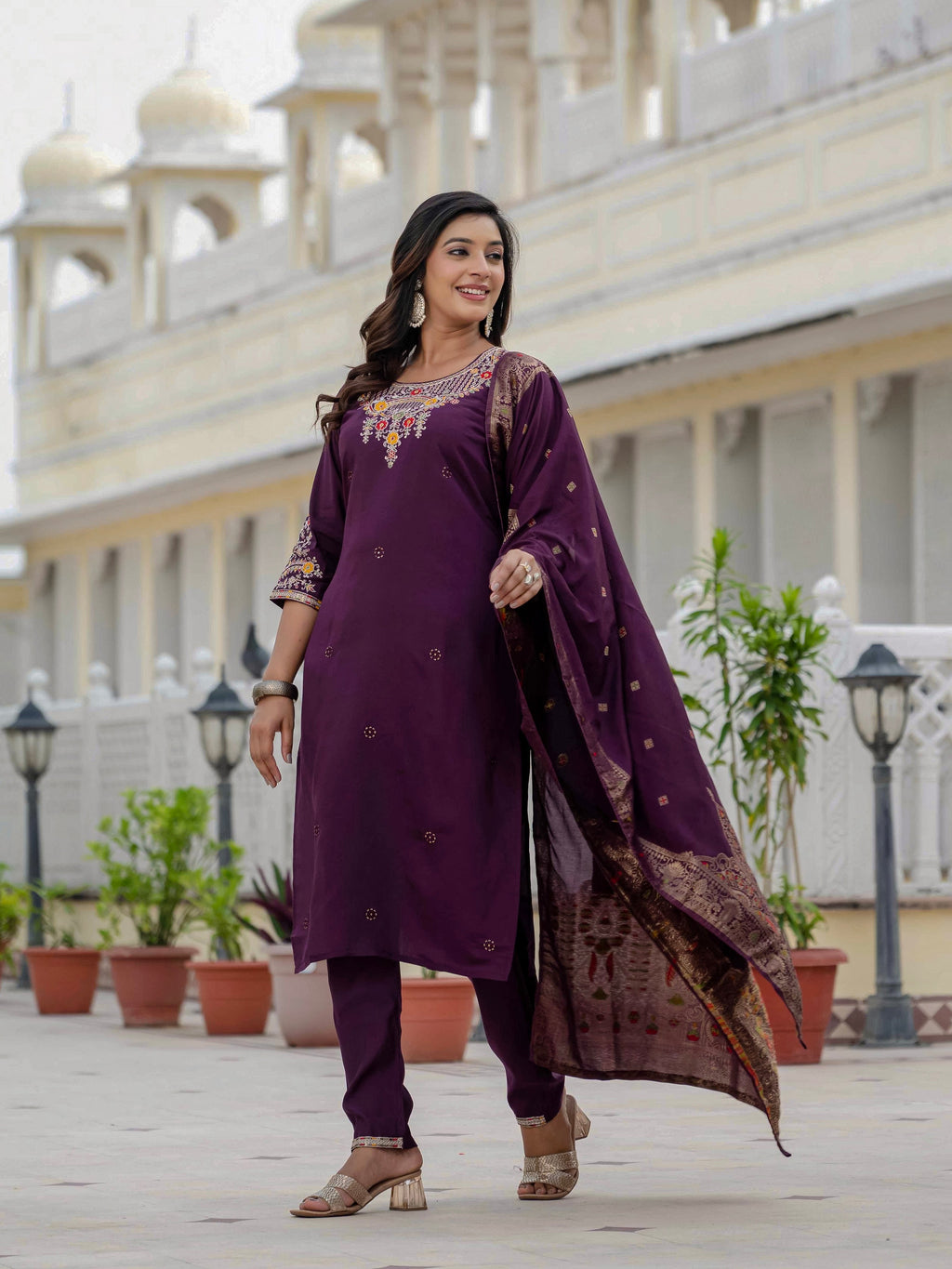 Vedant Vastram Roman Silk Embroidery & Sequence Work Stitched Kurta Pant Dupatta Set-Wine - Distacart