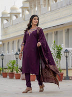 Vedant Vastram Roman Silk Embroidery & Sequence Work Stitched Kurta Pant Dupatta Set-Wine - Distacart
