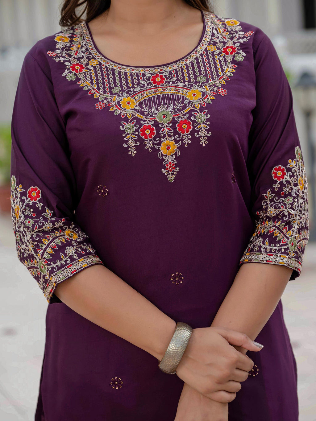 Vedant Vastram Roman Silk Embroidery & Sequence Work Stitched Kurta Pant Dupatta Set-Wine - Distacart