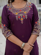 Vedant Vastram Roman Silk Embroidery & Sequence Work Stitched Kurta Pant Dupatta Set-Wine - Distacart