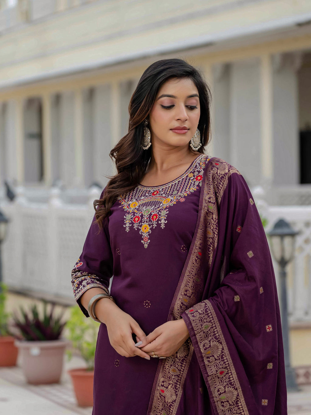 Vedant Vastram Roman Silk Embroidery & Sequence Work Stitched Kurta Pant Dupatta Set-Wine - Distacart