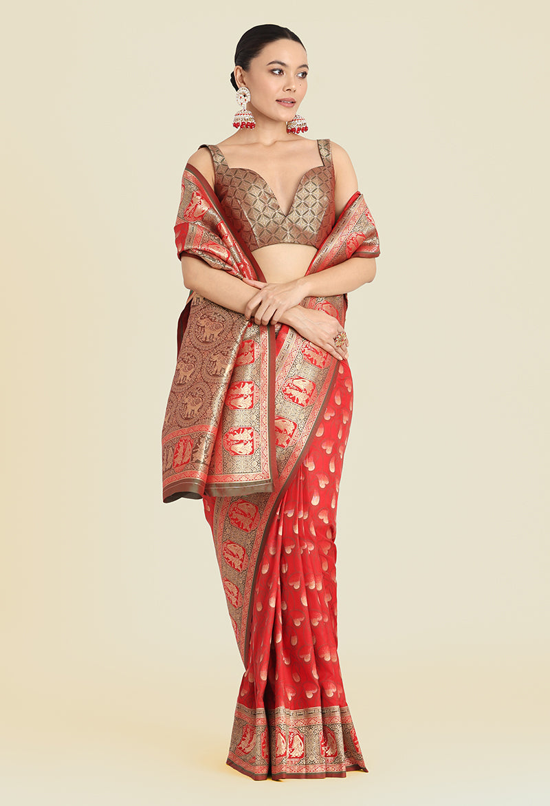 Monjolika Fashion Red Color Weaving Banarasi Silktraditional Saree - Distacart