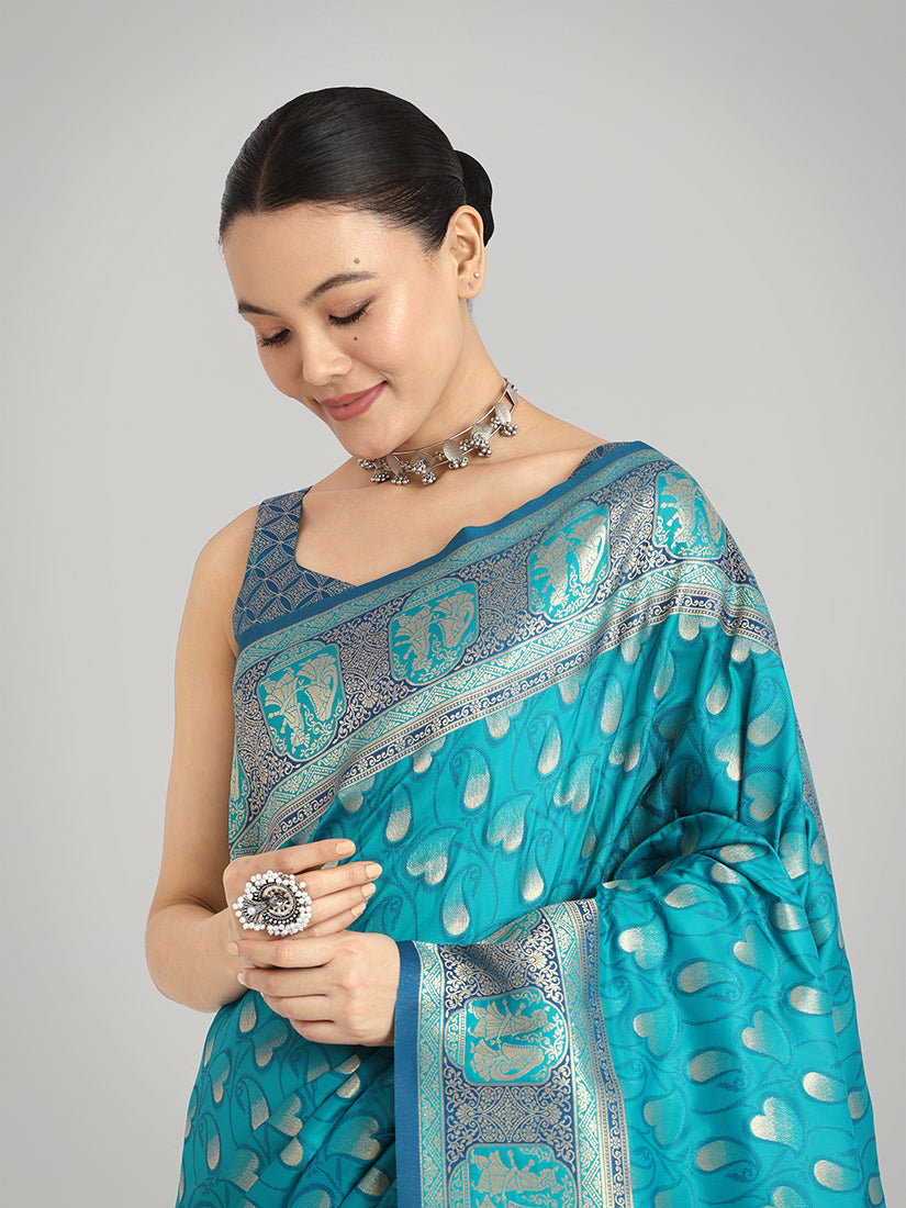 Monjolika Fashion Turquoise Blue Color Weaving Banarasi Silktraditional Saree - Distacart