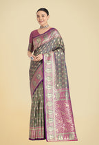 Monjolika Fashion Olive Green Color Weaving Banarasi Silktraditional Saree