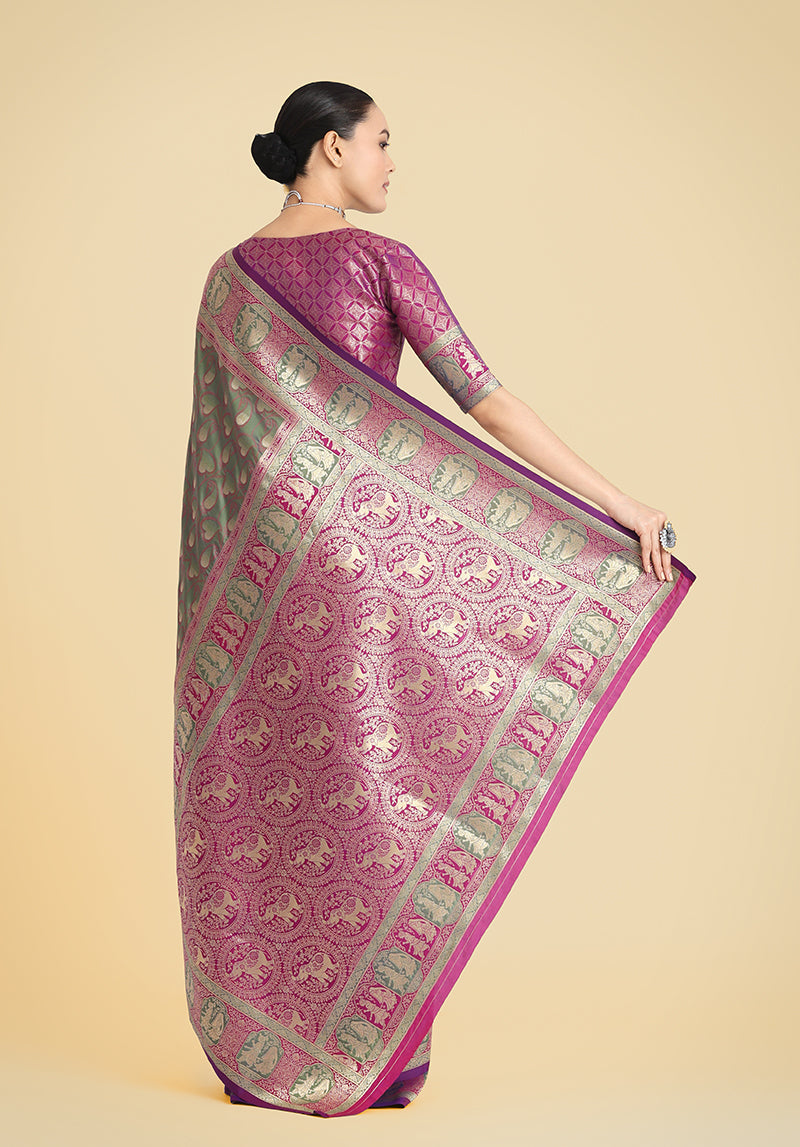 Monjolika Fashion Olive Green Color Weaving Banarasi Silktraditional Saree