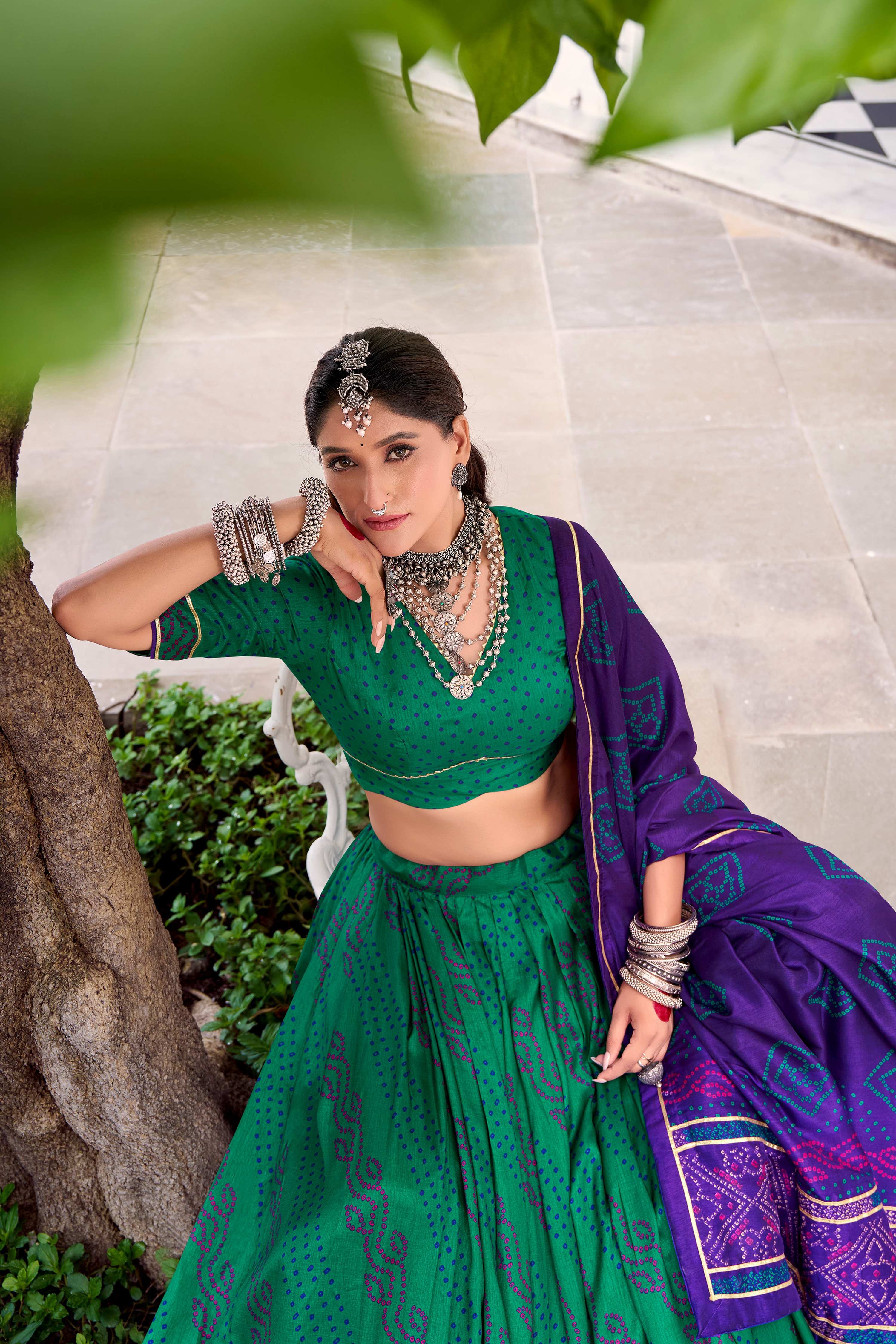 Evanik Green Tassa Silk With Bandhej Print Lehenga Choli - Distacart
