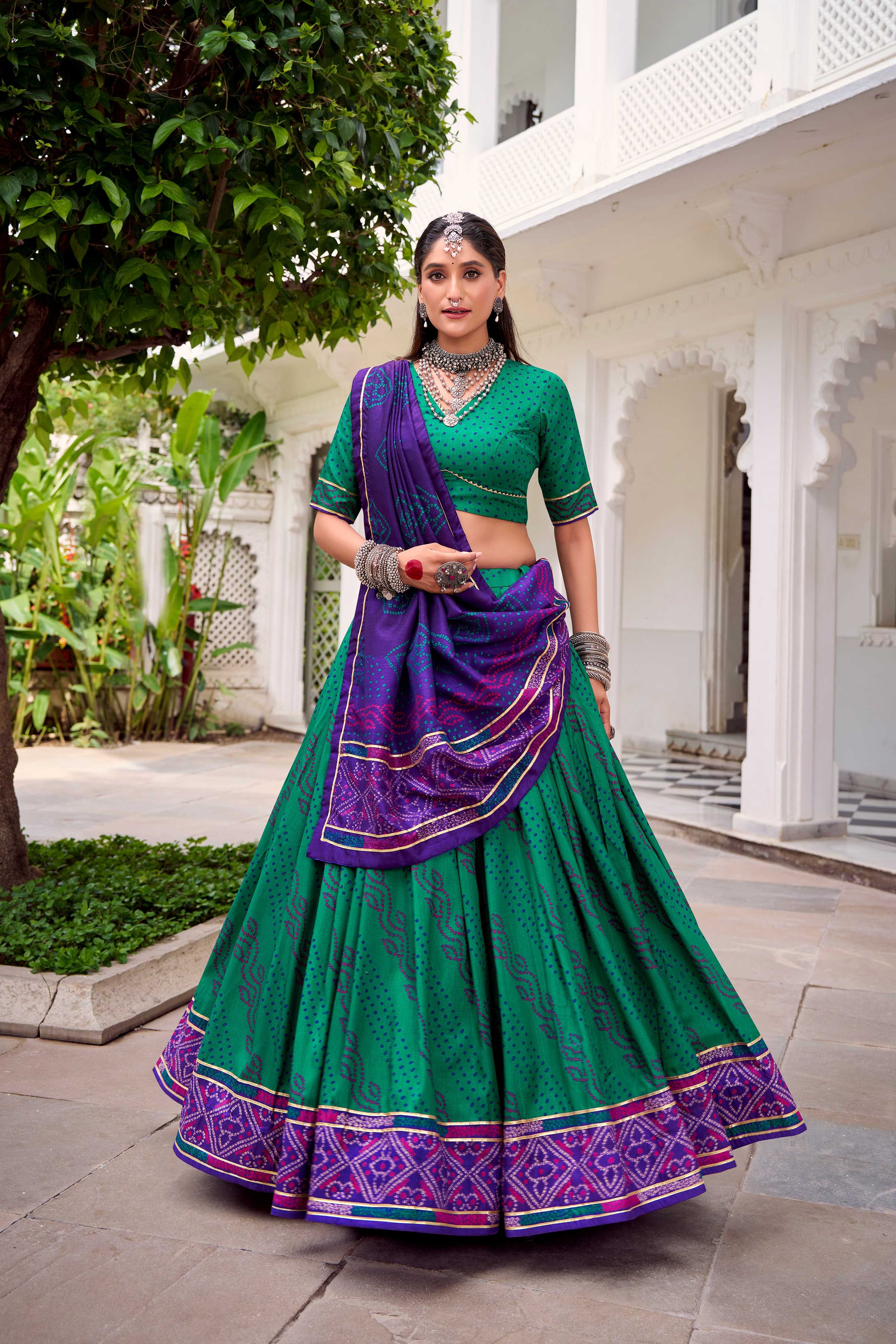 Evanik Green Tassa Silk With Bandhej Print Lehenga Choli - Distacart