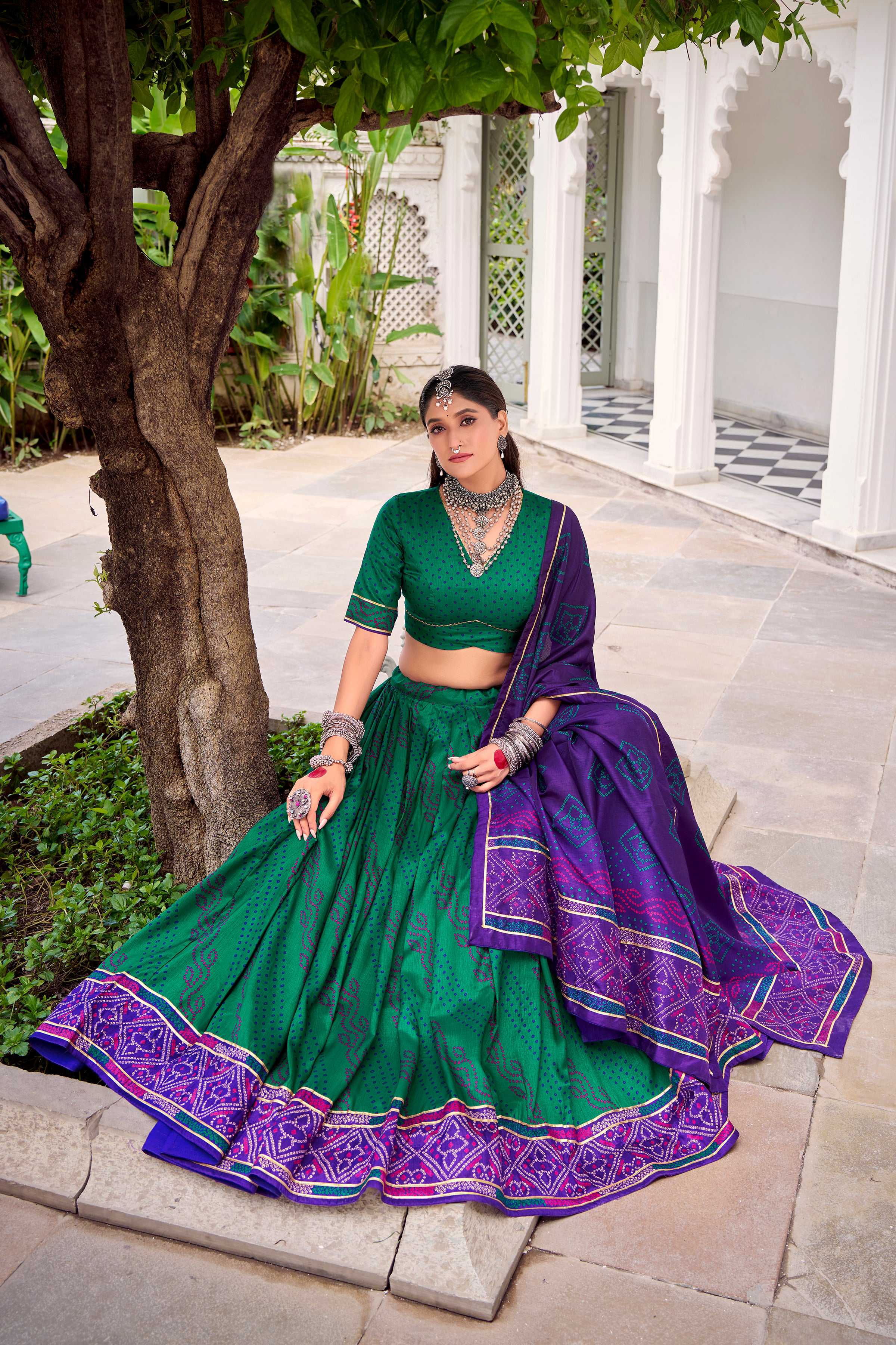 Evanik Green Tassa Silk With Bandhej Print Lehenga Choli - Distacart