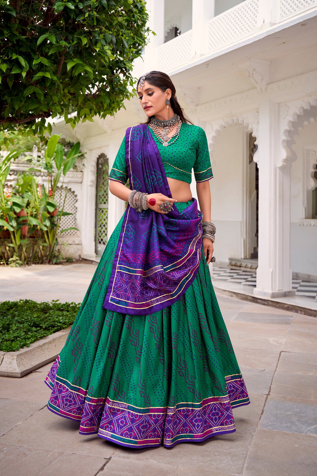 Lorenvalley Fashion Green Tasar Silk Bandhej Print With Gotta Patti Lace Touch Up Lehenga Choli with Dupatta - Distacart