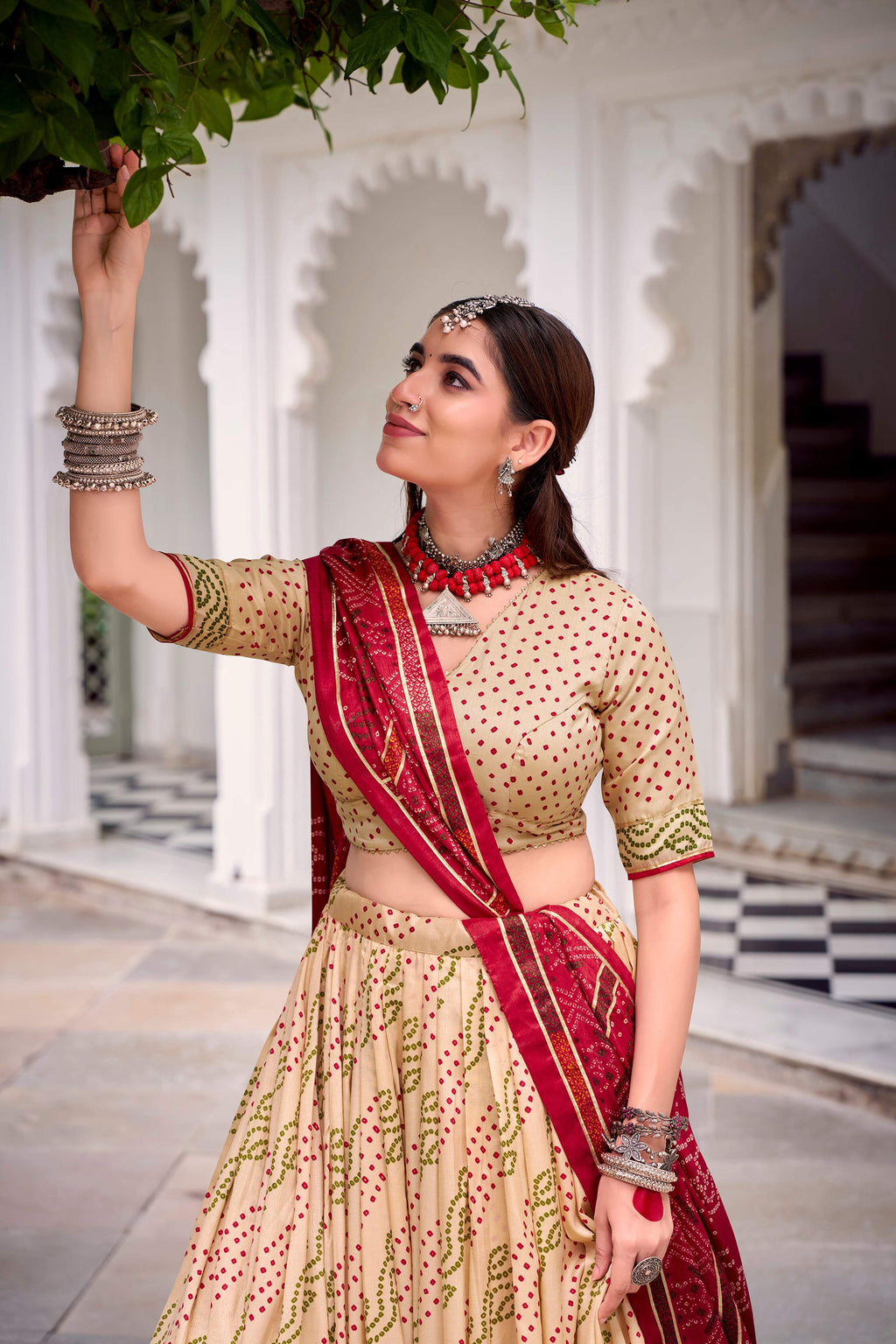 Evanik Offwhite Tassa Silk With Bandhej Print Lehenga Choli - Distacart