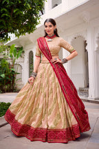 Evanik Offwhite Tassa Silk With Bandhej Print Lehenga Choli - Distacart