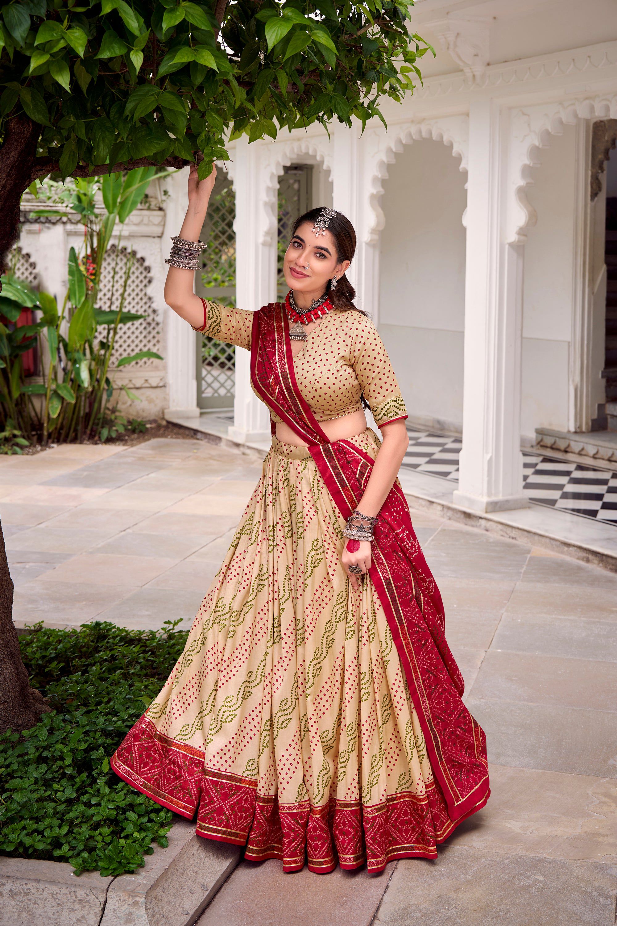 Lorenvalley Fashion Offwhite Tasar Silk Bandhej Print With Gotta Patti Lace Touch Up Lehenga Choli with Dupatta - Distacart