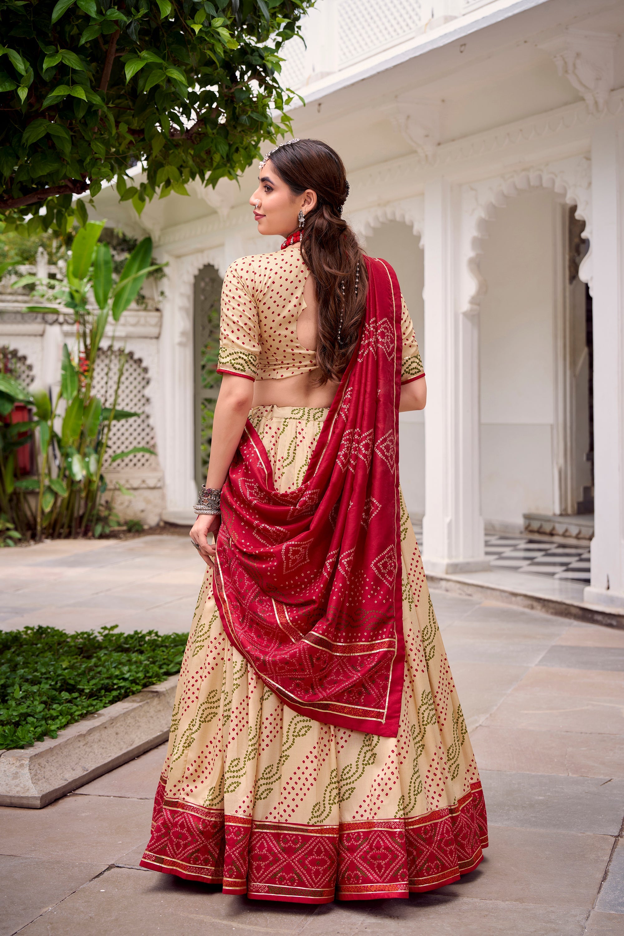 Lorenvalley Fashion Offwhite Tasar Silk Bandhej Print With Gotta Patti Lace Touch Up Lehenga Choli with Dupatta - Distacart