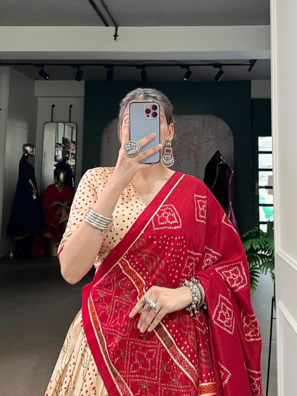 Lorenvalley Fashion Offwhite Tasar Silk Bandhej Print With Gotta Patti Lace Touch Up Lehenga Choli with Dupatta