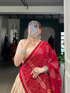 Lorenvalley Fashion Offwhite Tasar Silk Bandhej Print With Gotta Patti Lace Touch Up Lehenga Choli with Dupatta