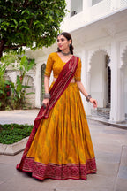 Lorenvalley Fashion Yellow Tasar Silk Bandhej Print With Gotta Patti Lace Touch Up Lehenga Choli with Dupatta
