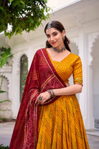 Lorenvalley Fashion Yellow Tasar Silk Bandhej Print With Gotta Patti Lace Touch Up Lehenga Choli with Dupatta