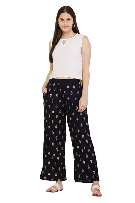 PAVONINE Black Color Full Golden Leaf Print Palazzo For Women Pant