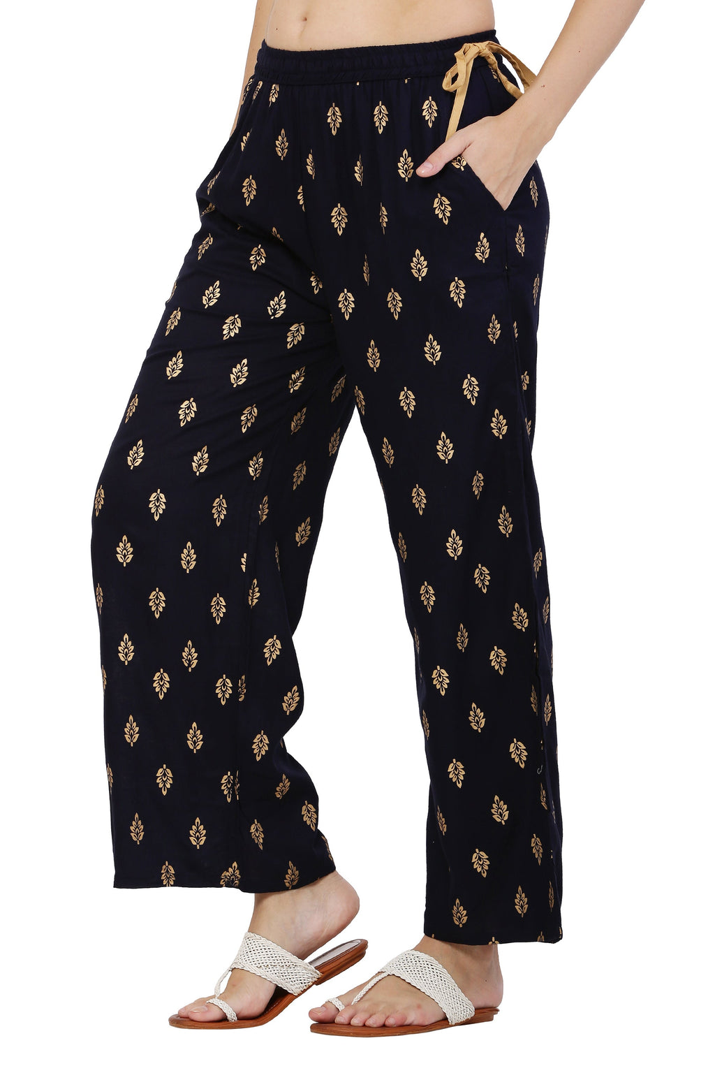 PAVONINE Black Color Full Golden Leaf Print Palazzo For Women Pant - Distacart