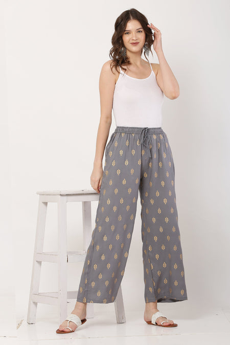 PAVONINE Grey Color Full Golden Leaf Print Palazzo For Women Pant