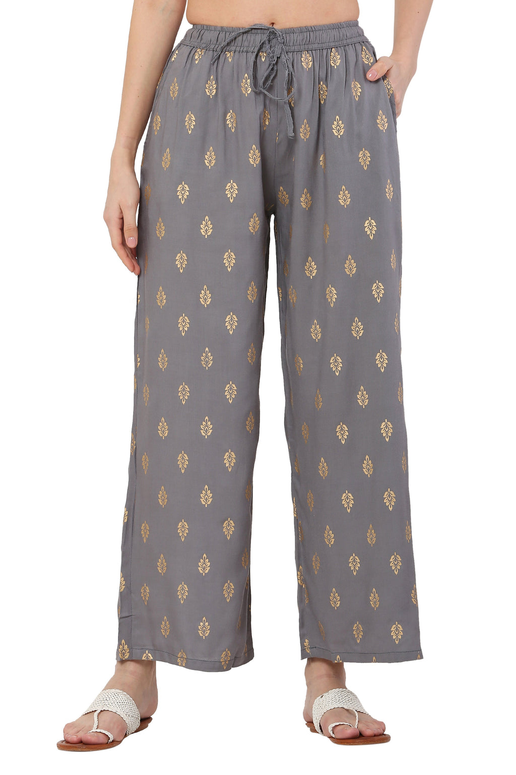 PAVONINE Grey Color Full Golden Leaf Print Palazzo For Women Pant - Distacart