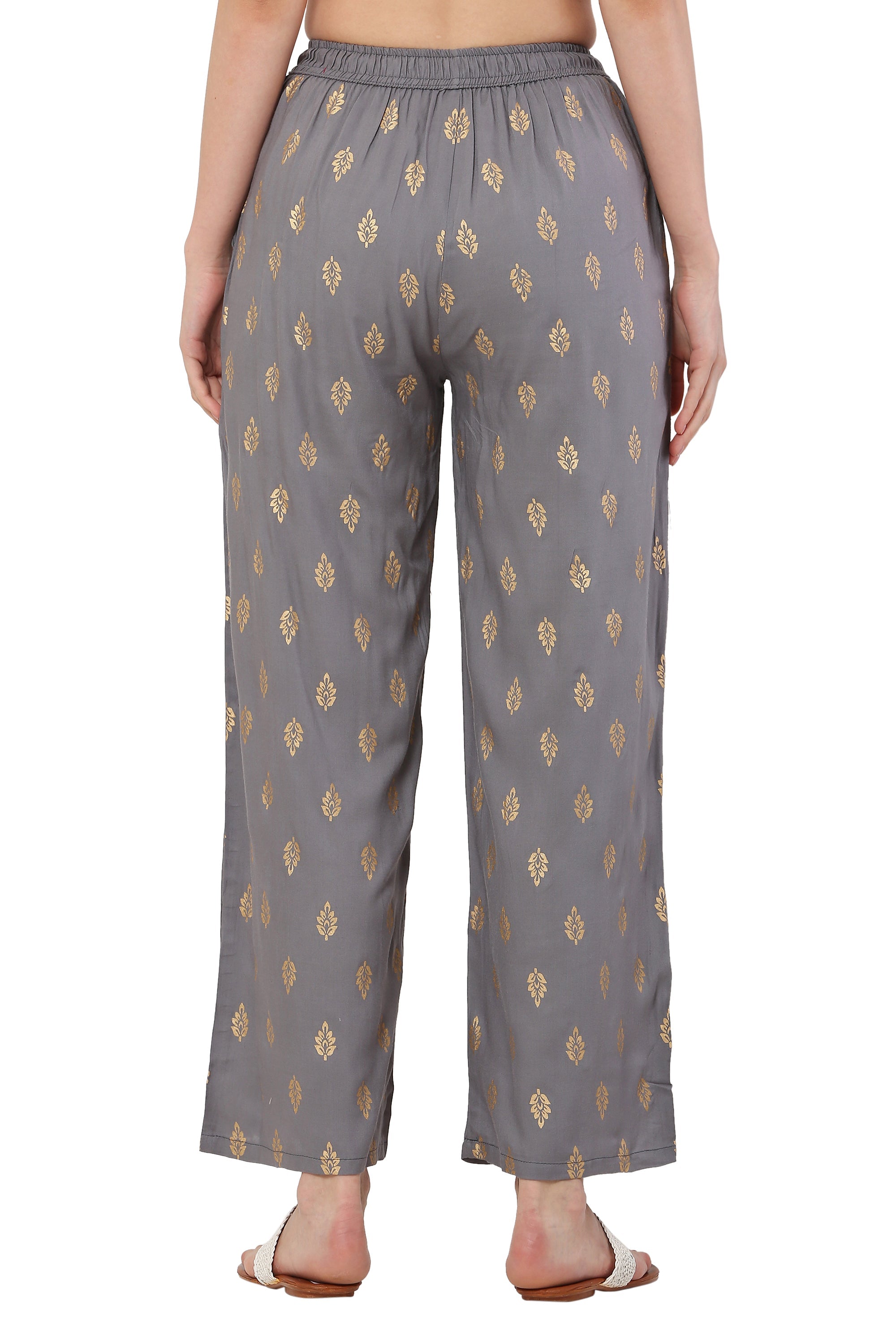 PAVONINE Grey Color Full Golden Leaf Print Palazzo For Women Pant - Distacart