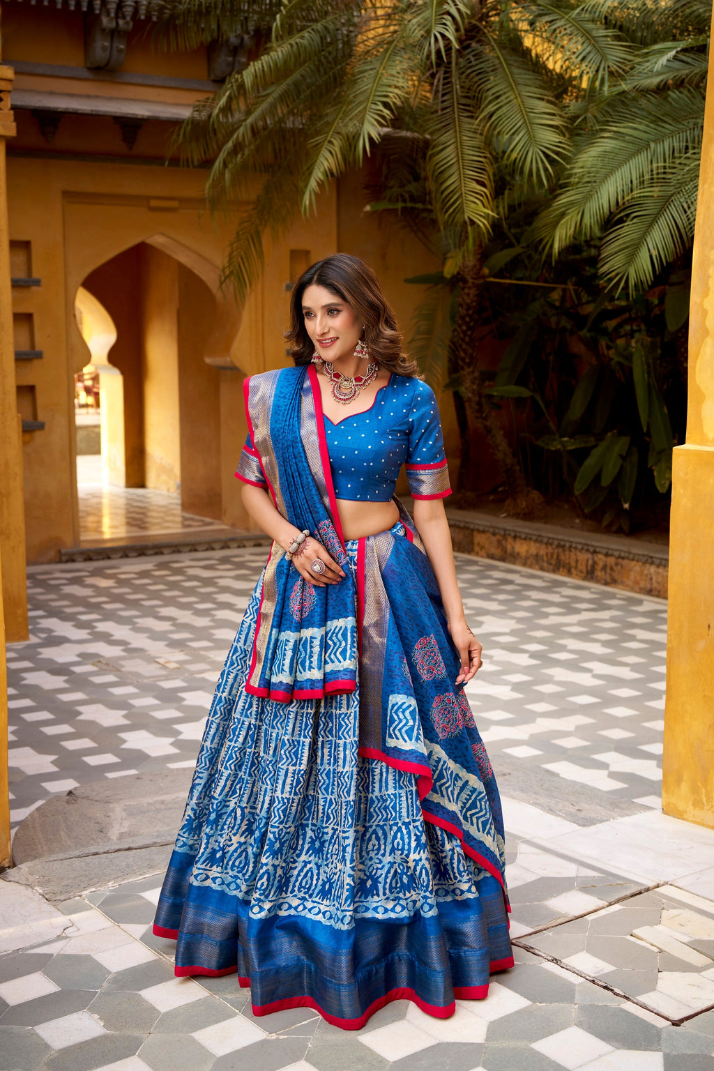 Lorenvalley Fashion Blue Dola Silk Batik Print with Zari Weaving Work Lehenga Choli with Dupatta - Distacart