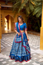 Lorenvalley Fashion Blue Dola Silk Batik Print with Zari Weaving Work Lehenga Choli with Dupatta - Distacart