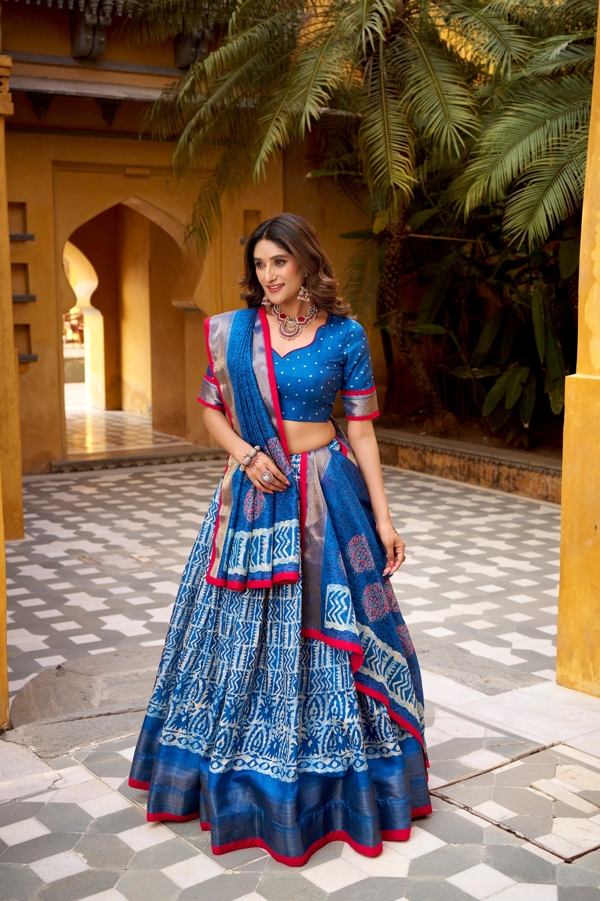 Lorenvalley Fashion Blue Dola Silk Batik Print with Zari Weaving Work Lehenga Choli with Dupatta - Distacart