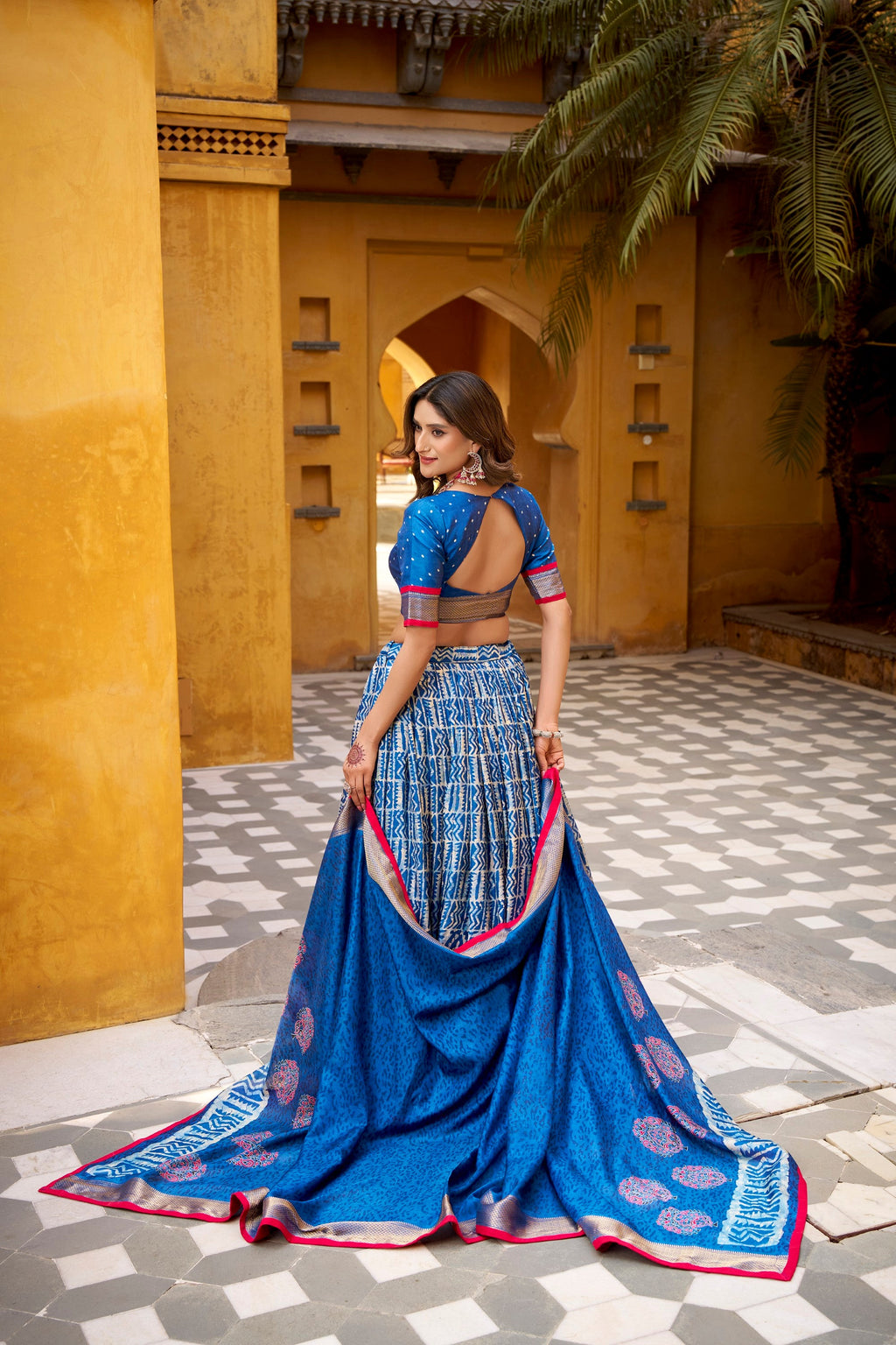 Lorenvalley Fashion Blue Dola Silk Batik Print with Zari Weaving Work Lehenga Choli with Dupatta - Distacart