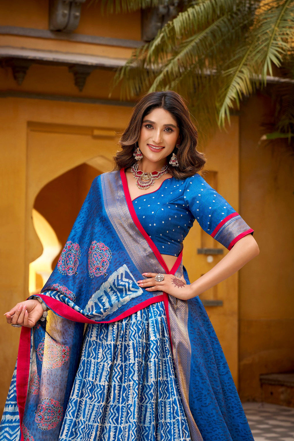 Lorenvalley Fashion Blue Dola Silk Batik Print with Zari Weaving Work Lehenga Choli with Dupatta - Distacart
