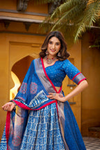 Lorenvalley Fashion Blue Dola Silk Batik Print with Zari Weaving Work Lehenga Choli with Dupatta - Distacart