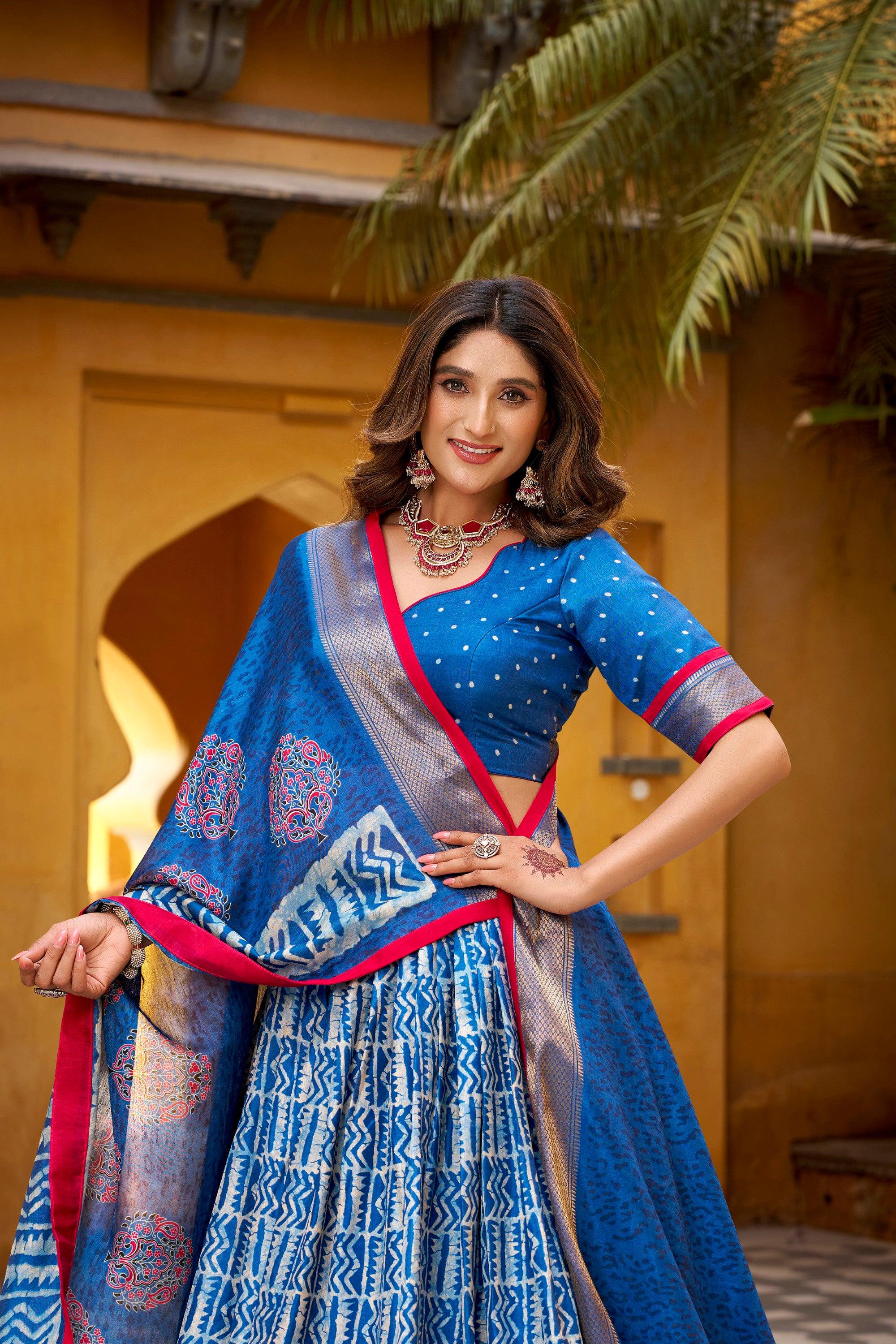 Lorenvalley Fashion Blue Dola Silk Batik Print with Zari Weaving Work Lehenga Choli with Dupatta - Distacart