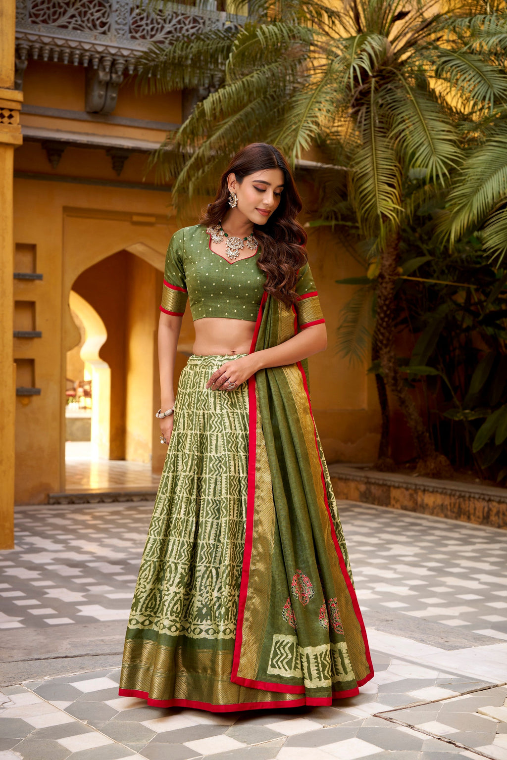 Lorenvalley Fashion Mehendi Dola Silk Batik Print with Zari Weaving Work Lehenga Choli with Dupatta - Distacart