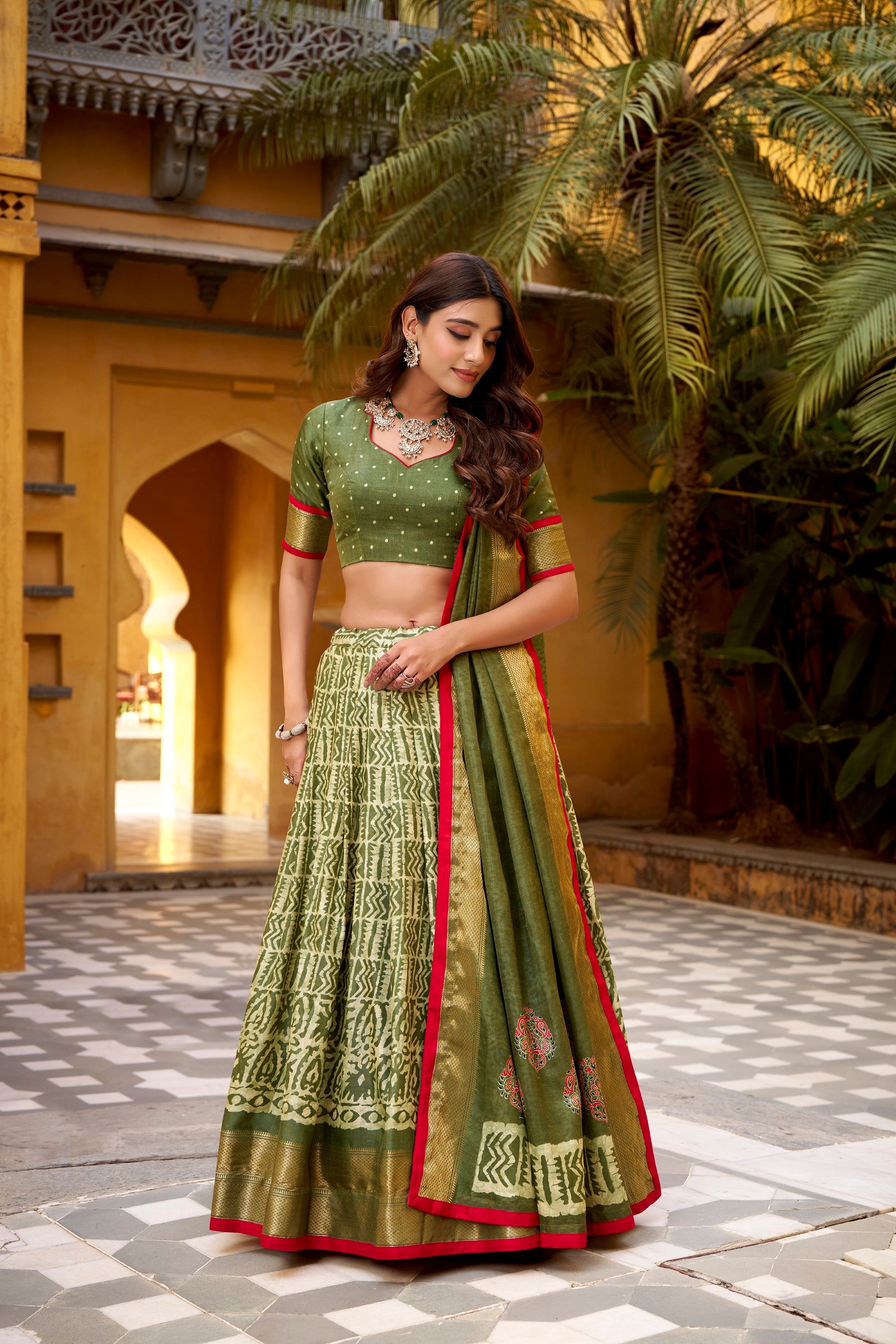 Lorenvalley Fashion Mehendi Dola Silk Batik Print with Zari Weaving Work Lehenga Choli with Dupatta - Distacart