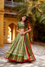 Lorenvalley Fashion Mehendi Dola Silk Batik Print with Zari Weaving Work Lehenga Choli with Dupatta - Distacart